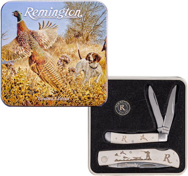 Remington Tin Collector 2-Knife Gift Set Folding Knife Pheasant Tin Collector Gift Set 2.75in Closed Peanut w/ Clip And Pen Blades 3.5in Closed