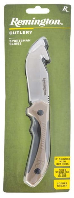 Remington Sportsman 8in Skinner Fixed Blade Knife w/Gut Hook 440 Stainless Steel V-Flat Stonewashed Blade Tan/Black Molded Handle - Remington