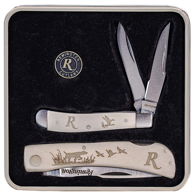 USED Remington Tin Collector 2-Knife Gift Set Folding Knife Mallard Duck Set 2.75in Peanut 3 1/2in Lockback 8Cr13Mov Stainless Steel V-Flat Blades - Remington