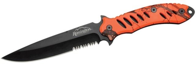 Remington FAST Fixed Knife stainless partially serrated clip point black coat MossyOak Blaze camo rubber overcoat handle - Remington