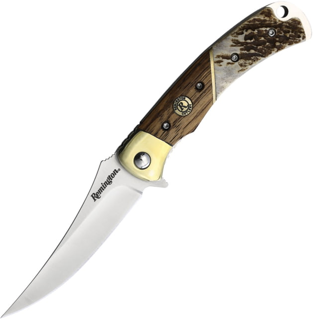 Remington Guide Folding Knife 4in Closed 3in Satin Stainless Trailing Point Blade Wood/Stag Bone Handle Brown Leather Belt Sheath - Remington