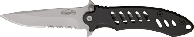 Remington Large FAST Fold Knife 440 stainless partially serrated clip point black Stainless handles with black rubber overcoat - Remington