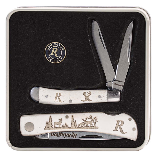 Remington Tin Collector 2-Knife Gift Set Mule Deer Set 2 3/4in Peanut 3 1/2in Lockback 8Cr13Mov Stainless Steel V-Flat Blades White Bone Handle with - Remington
