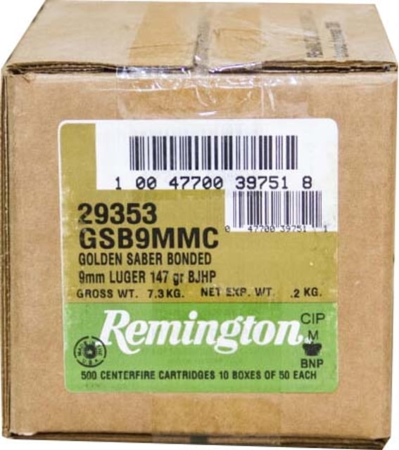 Remington Premier Golden Saber 9mm Luger 147 Grain Bonded Brass Jacketed Hollow Point Nickel-Plated Brass Cased Pistol Ammo 500 Rounds - Remington