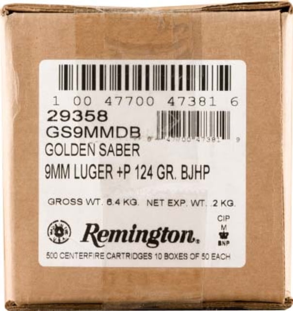 Remington Premier Golden Saber 9mm Luger +P Brass Jacketed Hollow Point Nickel-Plated Brass Cased Pistol Ammo 500 Rounds - Remington