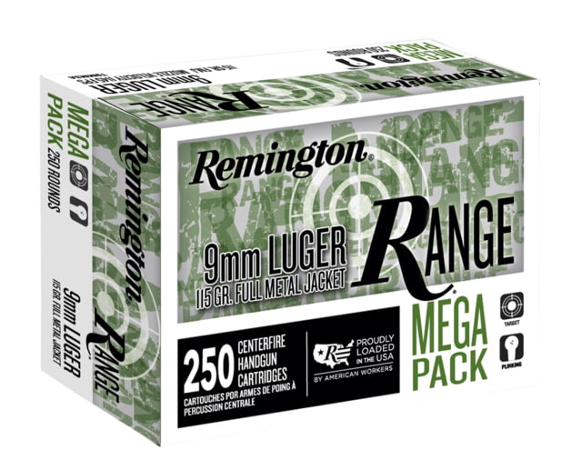 Remington Range 9mm Luger 115 Grain Full Metal Jacket Brass Cased Pistol Ammo 250 Rounds ington Range 9mm Luger 115 Grain Full Metal Jacket Brass Cased Pistol 250 Rounds Ammo