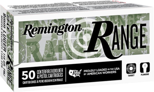Remington Range 9mm Luger 115 Grain Full Metal Jacket Brass Cased Pistol Ammo 50 Rounds - Remington