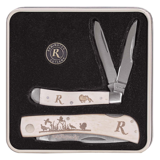 Remington Tin Collector 2-Knife Gift Set Wild Turkeys Set 2 3/4in Peanut 3 1/2in Lockback 8Cr13Mov Stainless Steel V-Flat Blades White Bone Handle - Remington