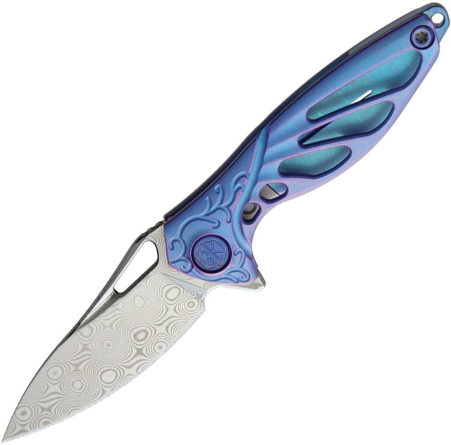 Rike Knife Hummingbird Framelock Folding Knife 1.63in Damasteel Ds93X Drop Point Blue Anodized Titanium Handle Thumb Pull Pocket Clip Black Kydex Neck