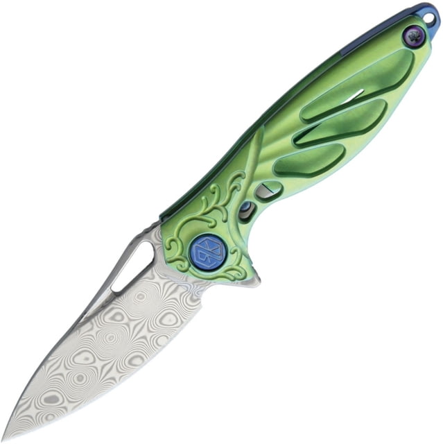 Rike Knife Hummingbird Framelock Folding Knife 1.63in Damasteel Ds93X Drop Point Green Anodized Titanium Handle Thumb Pull Pocket Clip Black Kydex
