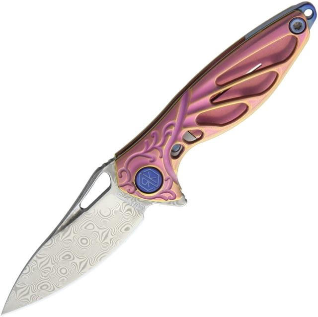 Rike Knife Hummingbird Framelock Folding Knife 1.63in Damasteel Ds93X Drop Point Pink Anodized Titanium Handle Pocket Clip Thumb Pull Black Kydex Neck
