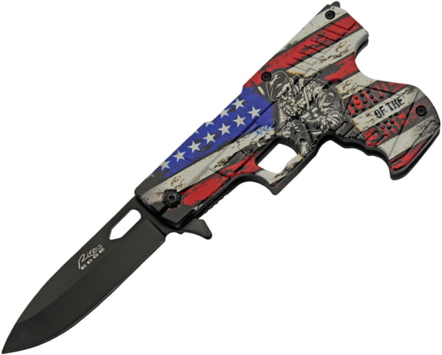 Rite Edge Gun Freedom A/O Folding Knife 4.75in Closed 3.75in Black Finish Stainless Steel Blade ABS Handle Land of The Free Handle Artwork - Rite Edge