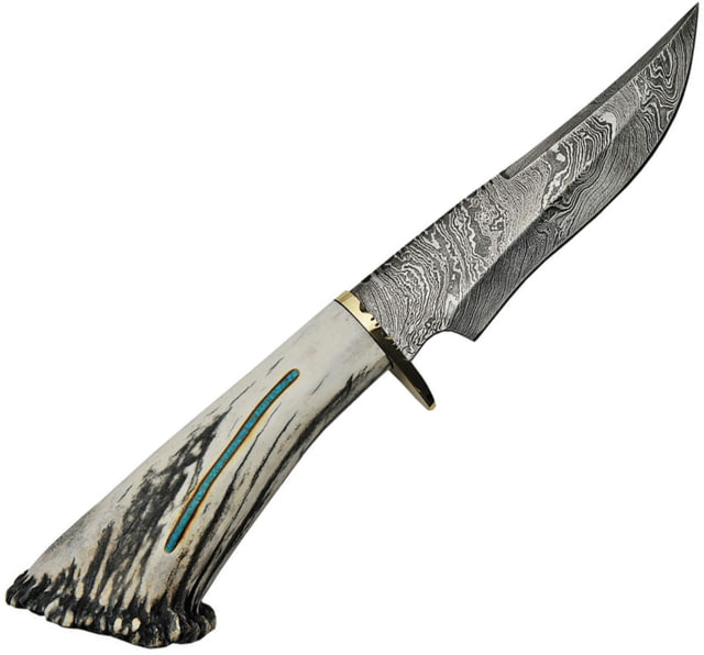 Rite Edge Skinner Knife 6.5" Damascus steel skinner blade Elk stag handle with turquoise inlay - Rite Edge