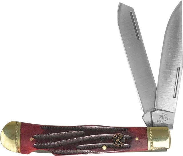 Roper Knives Double Action Lockback Folding Knife Satin 1065 Carbon Steel Clip/ Spey Blades Red Jigged Bone Handle - Roper Knives