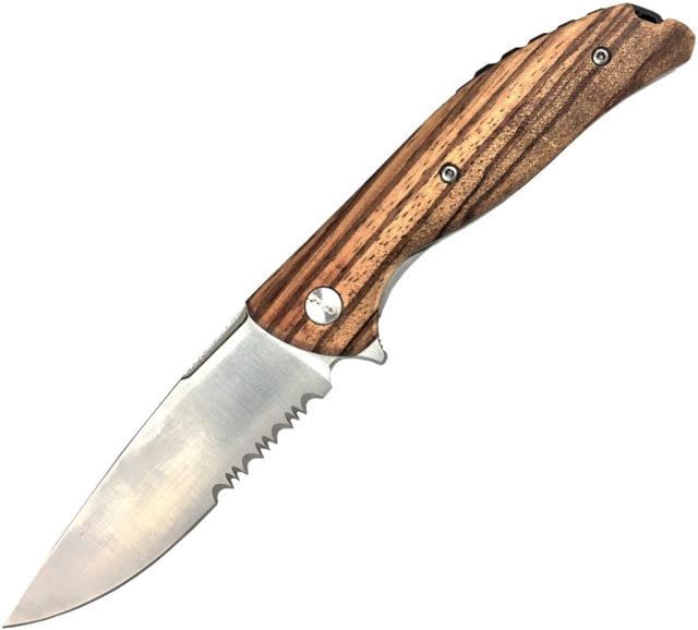 Roper Knives Outlaw Linerlock Folding Knife 3.25in Satin Partially Serrated D2 Tool Steel Drop Point Zebra Wood Handle - Roper Knives
