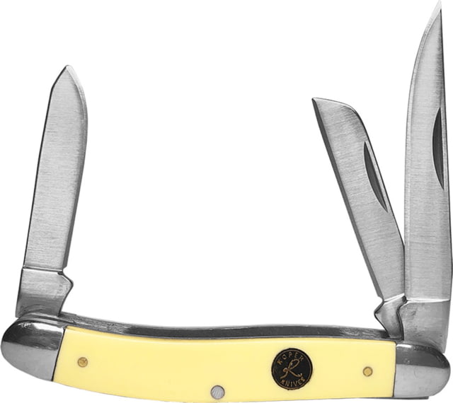 Roper Knives Pecos Medium Stockman Folding Knife Satin finish 1065 carbon steel clip sheepsfoot a Yellow smooth Delrin handle - Roper Knives