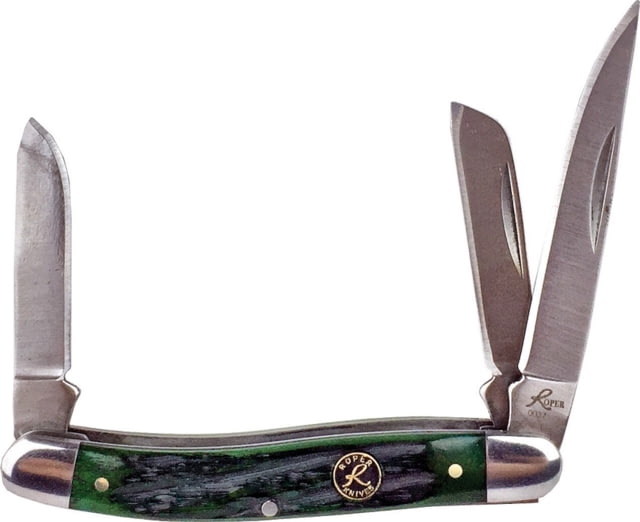 Roper Knives Stockman Bone Carbon Folding Knife Satin 1065 Carbon Steel Clip Sheepsfoot Spey Blades Green Jigged Bone Handle SS Bolster - Roper Knives