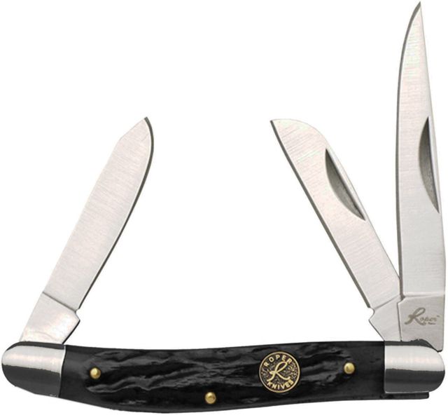 Roper Knives Stockman Jigged Black Bone Folding KnifeStandard EdgeClipSpey and Sheepsfoot Black Handle - Roper Knives
