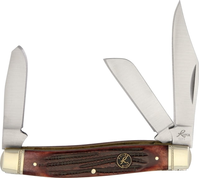 Roper Knives Tobacco Stockman Folding Knife Satin 1065 Carbon Steel Clip Spey Sheepsfoot Blades Brown Jigged Bone Handle - Roper Knives