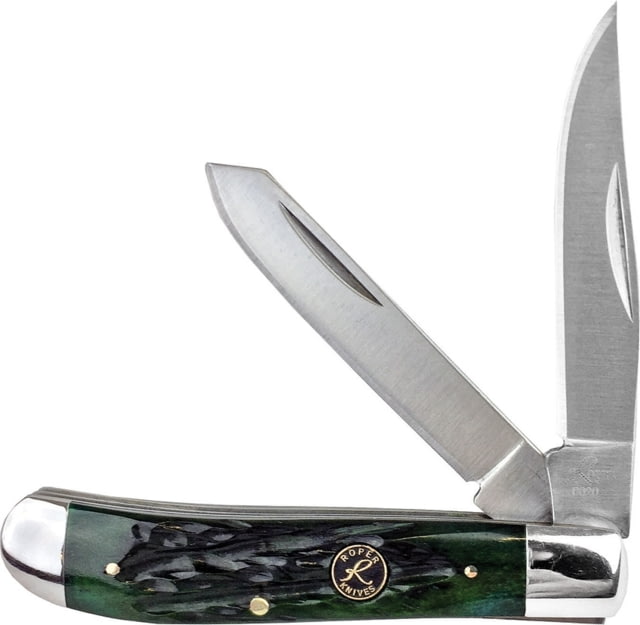 Roper Knives Trapper Bone Carbon Folding Knife Satin 1065 Carbon Steel Clip/ Spey Blades Green Jigged Bone Handle SS Bolster - Roper Knives