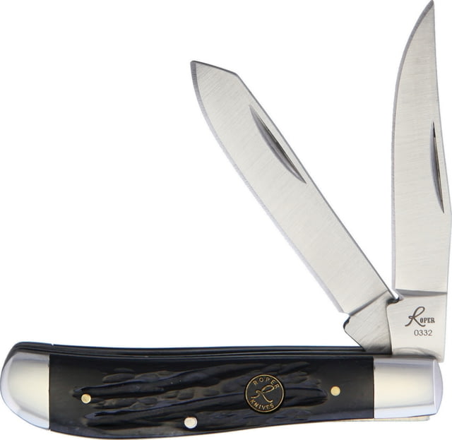 Roper Knives Trapper Bone Folding Knife Satin 1065 Carbon Steel Clip/ Spey Blades Black Jigged Bone Handle - Roper Knives