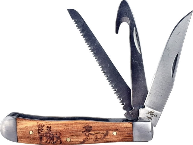 Roper Knives Trapper Three Blade Folding Knife Satin 1065 Carbon Steel Clip Saw Guthook Blades Zebra Wood Handle SS Bolster - Roper Knives