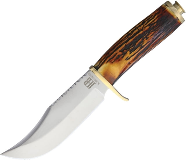 Rough Rider .45 Bowie Knife 10in Overall 5.5in Satin SS Clip Point Blade Stag Bone Handle Brass Guard - Rough Rider