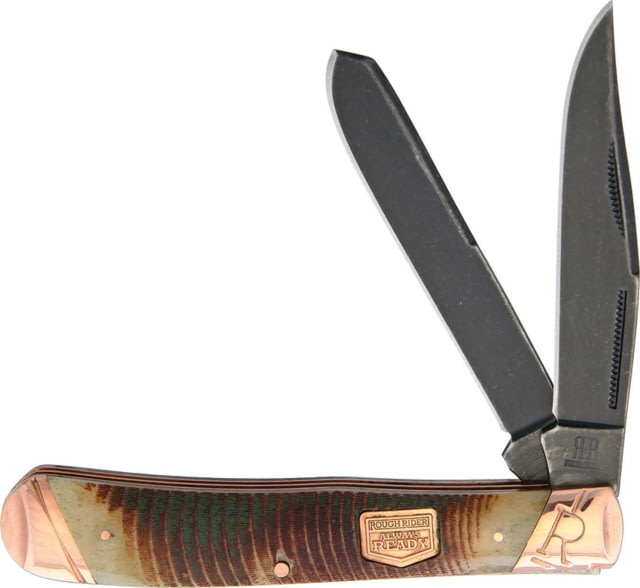 Rough Rider Backwoods Bushcraft Trapper Folding Knife Black Stonewash SS Clip/ Spey Blades Brown Jigged Bone Handle Copper Bolster KB201 TRAPPER - Rough Rider