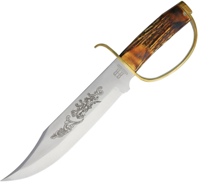 Rough Rider D Guard Bowie Knife 15.75in Overall 10.5in Satin SS Clip Point Blade Stag Bone Handle Brass Guard Blade Etching D-Guard Brown Leather