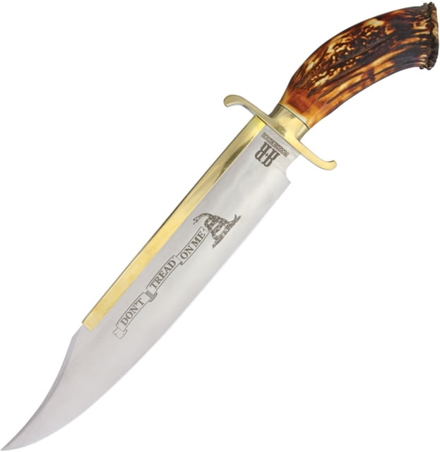 Rough Rider Dont Tread on Me Bowie Knife 21.25in Overall 15.5in Satin SS Clip Point Blade Crown Stag Handle Brass Guard Blade Etching Brown Leather - Rough Rider