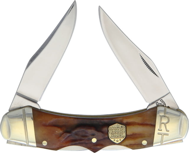 Rough Rider Double Lock Brown Stag Bone Folding Knife Mirror SS Blade Brown Stag Bone Handle Dual Clip Blades - Rough Rider