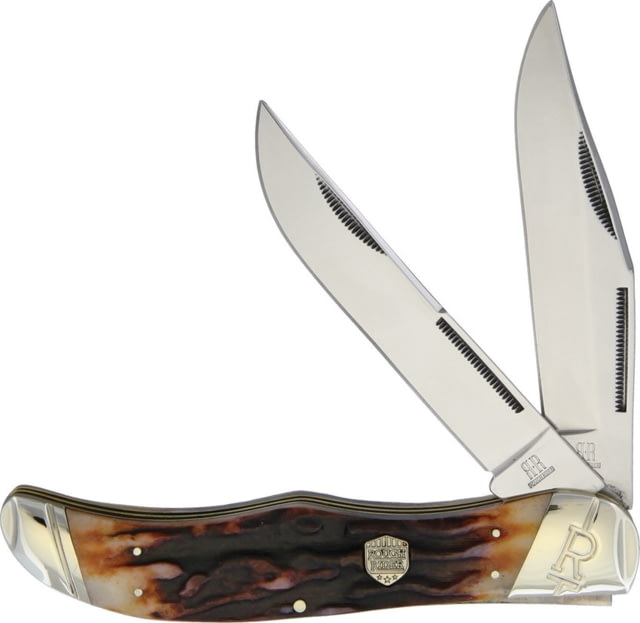 Rough Rider Folding Hunter Brown Stag Bone Folding Knife Mirror SS Clip And Skinner Blades Brown Stag Bone Handle