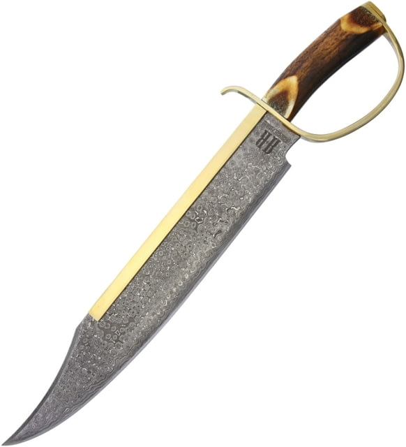 Rough Rider Gold Star Bowie Knife 19.5in Overall 14.5in Damascus Steel Clip Point Blade Brown Bone Handle Brass D-Guard Brown Leather Sheath - Rough Rider