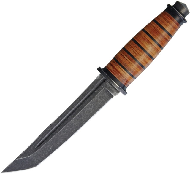 Rough Rider Knife 10.25in Overall 6in Black Stonewash SS Tanto Blade Stacked Leather Handle SS Guard Glass Breaker Black Nylon Sheath - Rough Rider