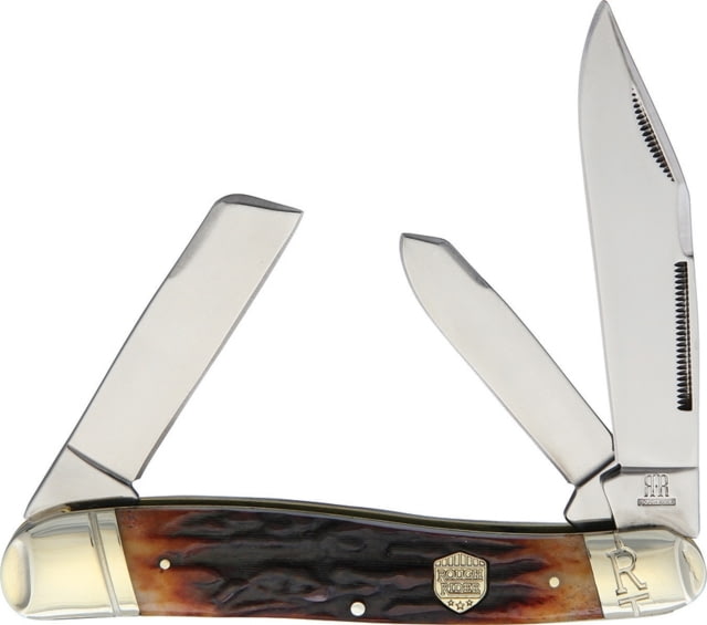 Rough Rider Lg Stockman Brown Stag Bone Folding Knife Mirror SS Clip Sheepsfoot Spey Blades Brown Stag Bone Handle - Rough Rider