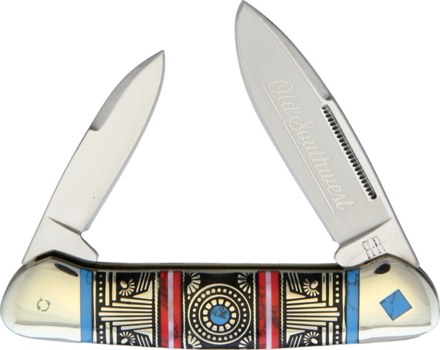 Rough Rider Old Southwest Canoe Folding Knife SS Spear And Pen Blades SS Handle Blue/Red Stone Handle Inlays KB203R / - Rough Rider Knives