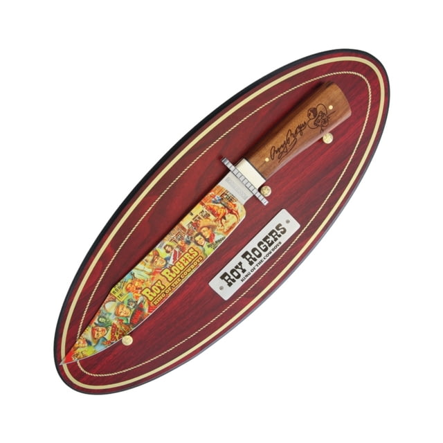 Rough Rider Roy Rogers Bowie Knife 16.5in Overall 10.5in SS Clip Point Blade Brown Wood Handle SS Guard Roy Rogers Blade Artwork Oval Wooden Display - Rough Rider