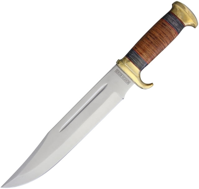 Rough Rider Stacked Leather Bowie Knife 16.75in Overall 11in Satin SS Clip Point Blade Brass Guard Stacked Leather And Black Pakkawood Handle Leather