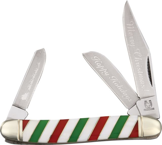 Rough Rider Stockman Christmas Peppermint Folding Knife4in closedClipSheepsfoot and Spey BladeStriped Design Genuine Pearl And Red And Green Synthetic - Rough Rider