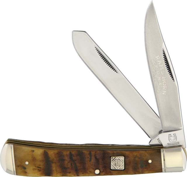 Rough Rider Trapper Ram's Horn Jigged Bone Folding KnifeStainless SteelStandard EdgeClip and PenMirror PolishRam's HornJigged Bone Handle KB201 RAMS - Rough Rider
