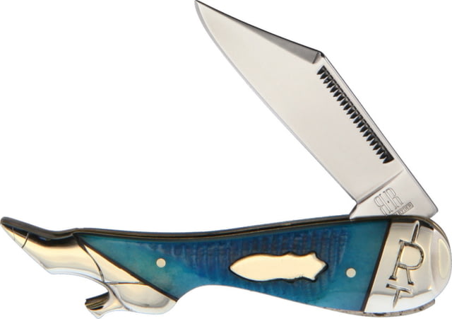 Rough Rider Black and Blue Leg Knife Mirror finish stainless clip blade Blue sculpted bone handle KB114R