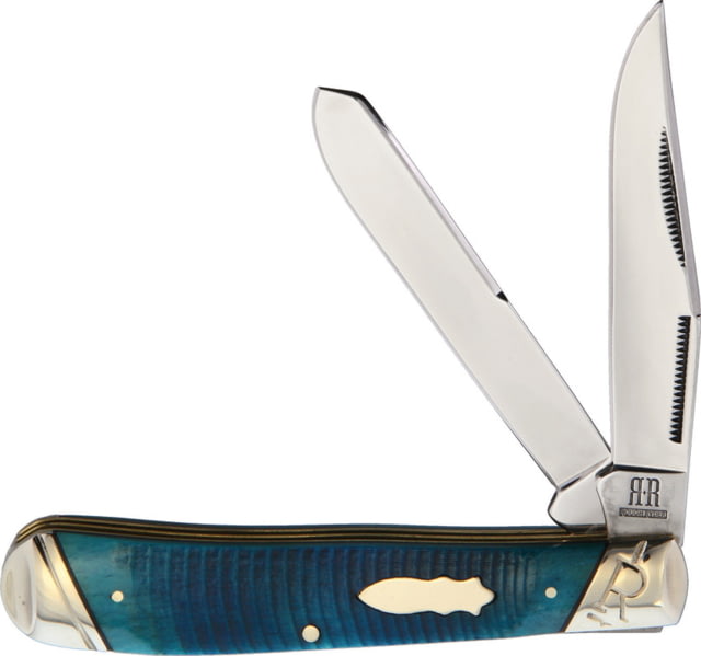 Rough Rider Black and Blue Trapper Folding Knife Mirror finish stainless clip and spey blades Blue sculpted bone handle KB201R - Rough Rider