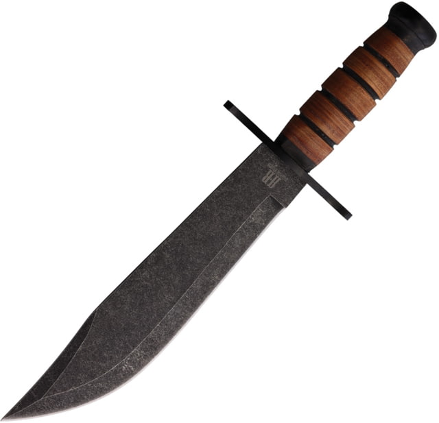 Rough Rider Stacked Leather Combat Bowie Knife 14in Overall 9.5in Black Stonewash Stainless Bowie Blade Stacked Leather HandleBlack Synthetic Belt - Rough Rider