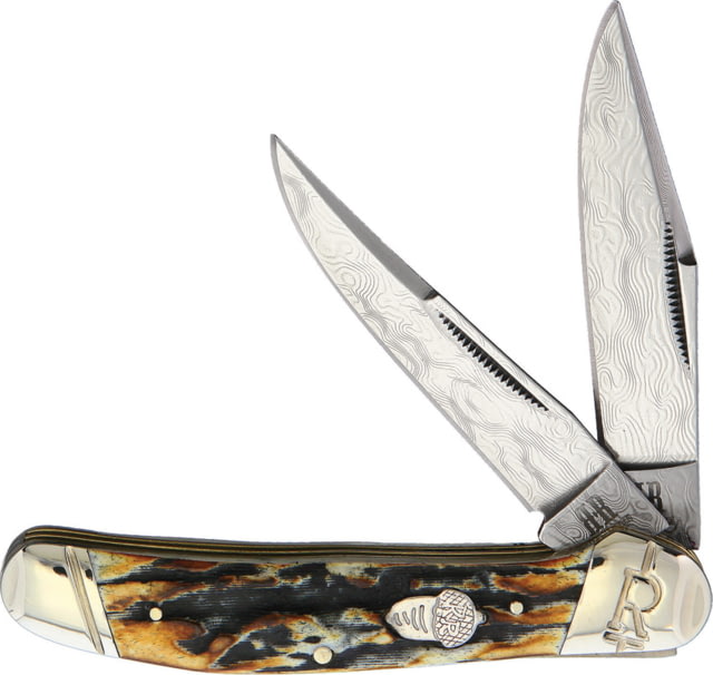 Rough Rider Copperhead Cinnamon Stag Folding Knife Damascus steel clip and skinner blades Cinnamon stag bone handle  / KB207R - Rough Rider Knives