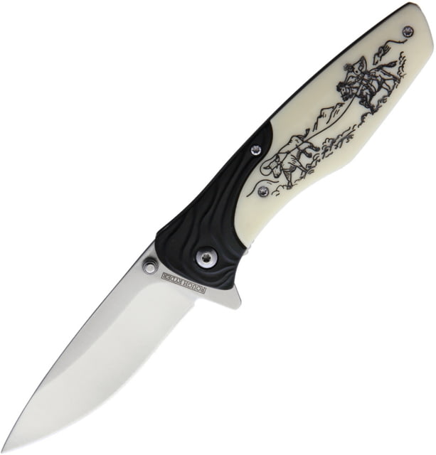 Rough Rider Cowboy Scrimshaw Linerlock A/O Folding Knife 3.25" satin finish stainless blade Black aluminum handle with white smooth bone front - Rough Rider Knives