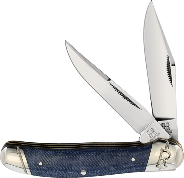 Rough Rider Denim Copperhead Folding Knife Mirror finish stainless clip and slim clip blades Denim micarta handle KB207R