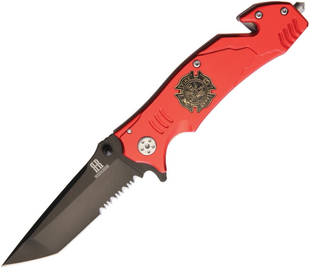 Rough Rider Firefighter Linerlock Folding Knife 3.75in Black Partially Serrated SS Tanto Blade Red Aluminum Handle Inlay Shield Belt/Cord Cutter Glass