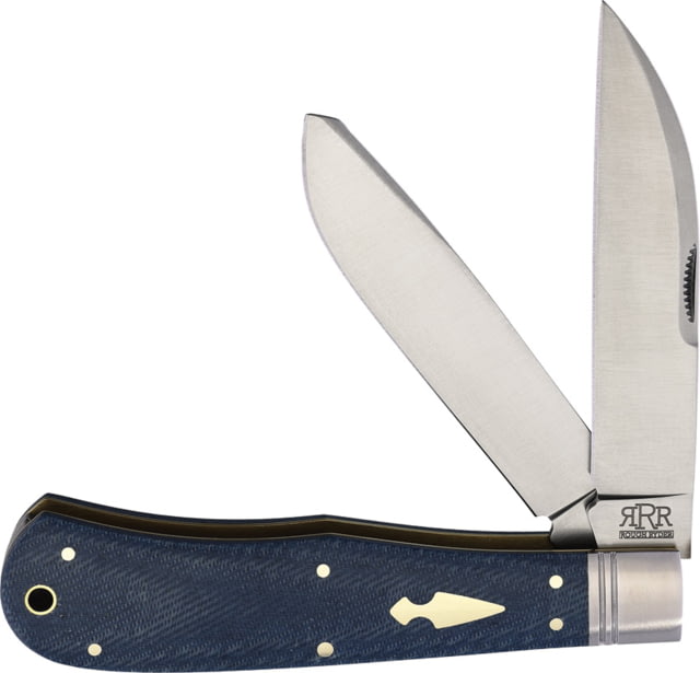 Rough Rider Heavy Trapper Denim Micarta Folding Knife 4.25in Closed Satin D2 Tool Steel Wharncliffe/Spey Blade Denim Micarta Handle