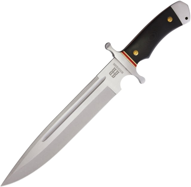 Rough Rider Highland Bowie Fixed Blade Knife 16.25in Overall 10.75in Stonewash SS Blade Black G10 Handle SS Guard Black Nylon Belt Sheath - Rough Rider
