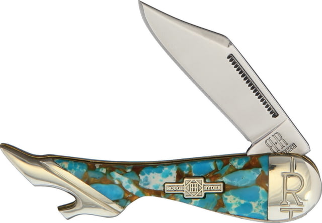 Rough Rider Leg Knife Amber Turquoise Mirror finish stainless clip blade Amber turquoise stone handle KB114R-1 / - Rough Rider